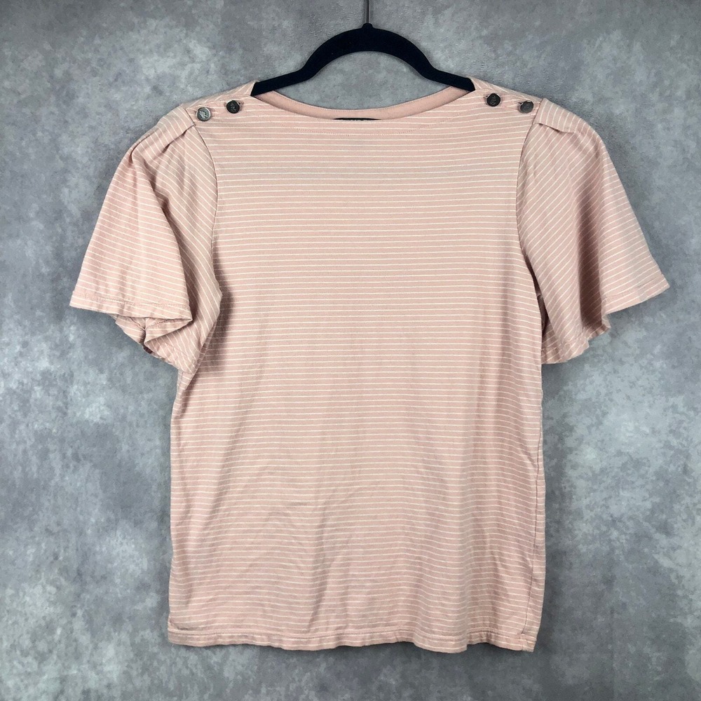 Lauren Ralph Lauren Shirt Womens Medium Petite Striped Pink White Flutter Sleeve